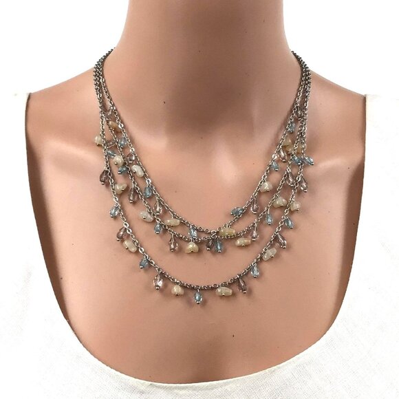 Talbots Triple Strand Necklace Silver Tone Beaded Fringe Blue White Gray - Picture 1 of 3